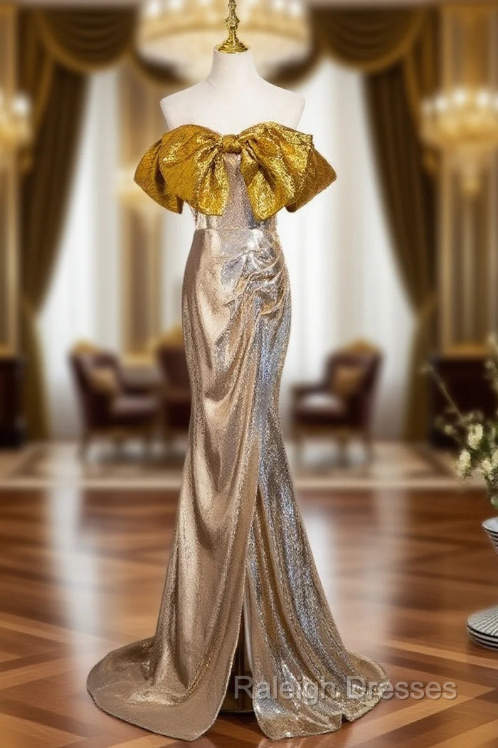 Gold Mermaid Sequins Bow Prom Dress
