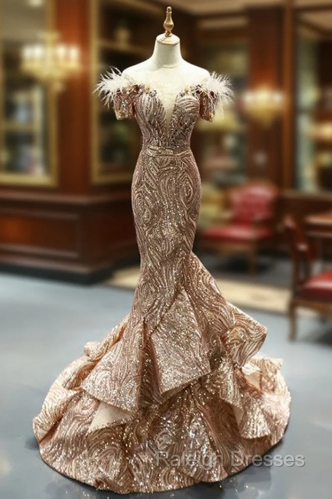 Gold Mermaid Sequins Off The Shoulder Appliques Prom Dress With Feather Main image