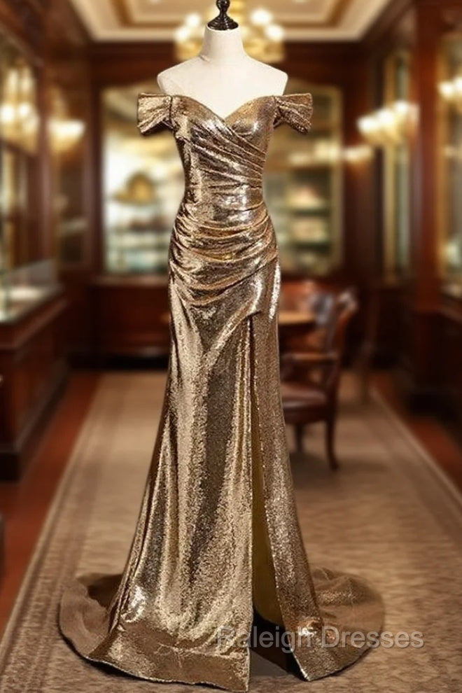 Gold Mermaid Sequins Off the Shoulder Pleats Prom Dress