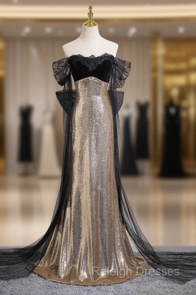 Gold Mermaid Sequins Off the Shoulder Prom Dress With Bow