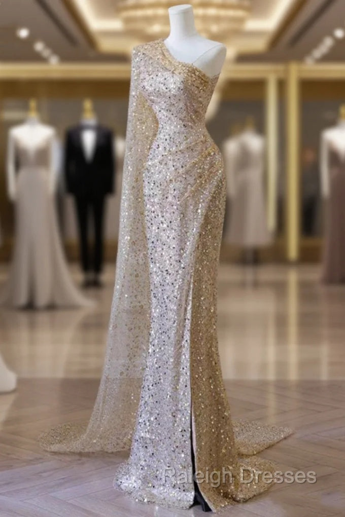 Gold Mermaid Sequins One Shoulder Prom Dress