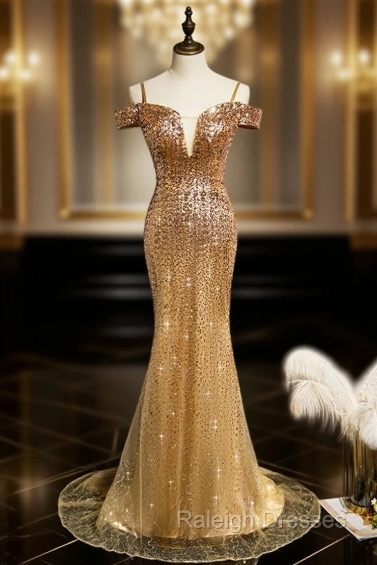 Gold Mermaid Sequins Spaghetti Straps Prom Dress