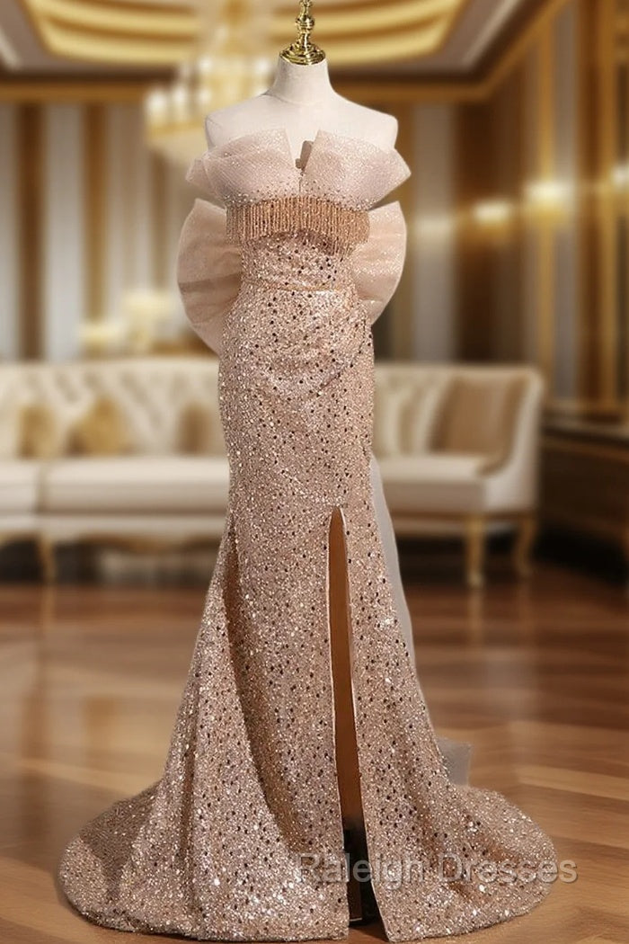 Gold Mermaid Sequins Strapless Beading Prom Dress Main image