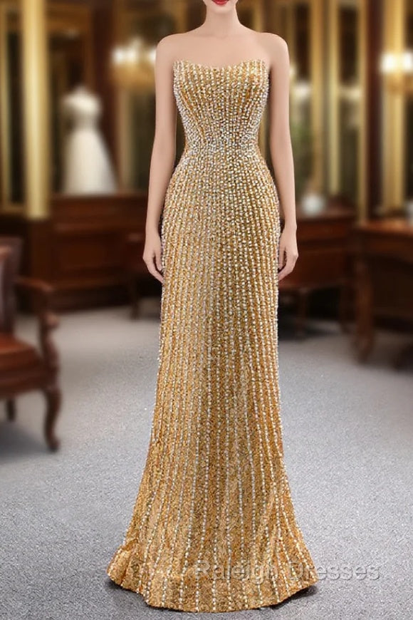 Gold Mermaid Sequins Strapless Pearls Prom Dress