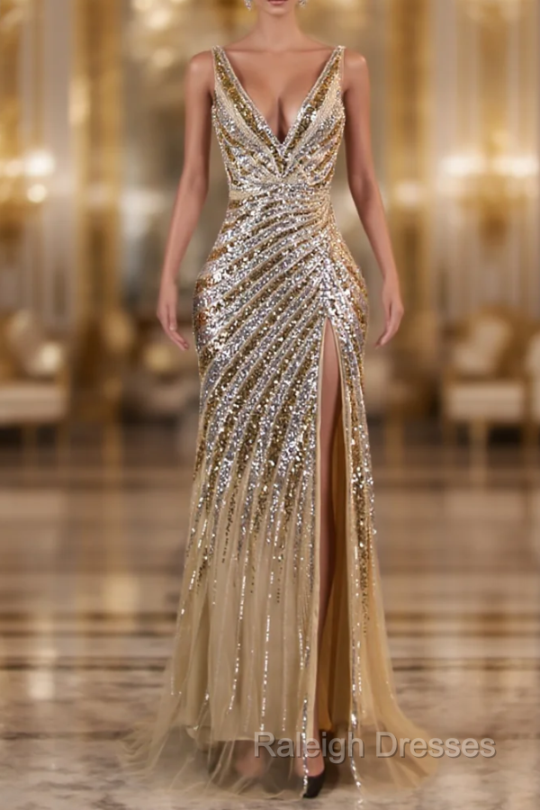 Gold Mermaid Sequins V-neck Split Prom Dress Main image