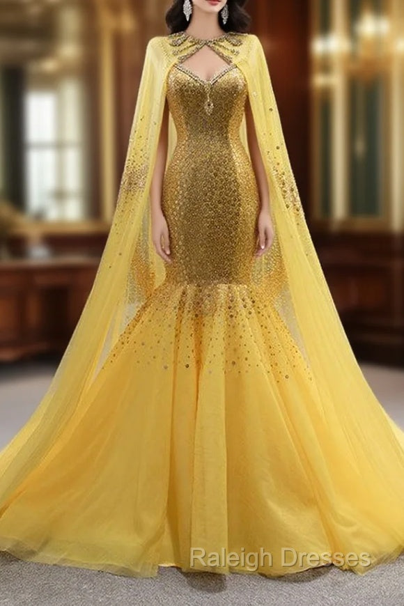 Gold Mermaid Tulle Sequins Crystal Spaghetti Straps Prom Dress With Shawl Main image