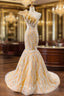 Gold Mermaid Tulle Sequins One Shoulder Long Prom Dress