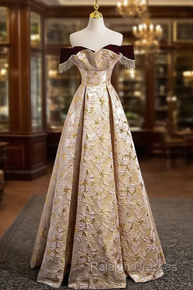 Gold Off The Shoulder Beading Prom Dress