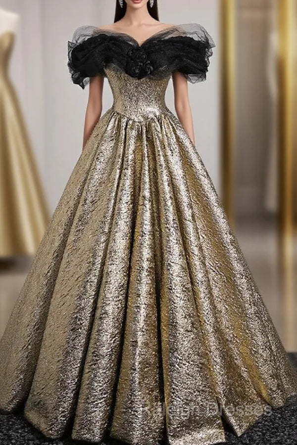 Gold Off the Shoulder Black Flower Prom Dress