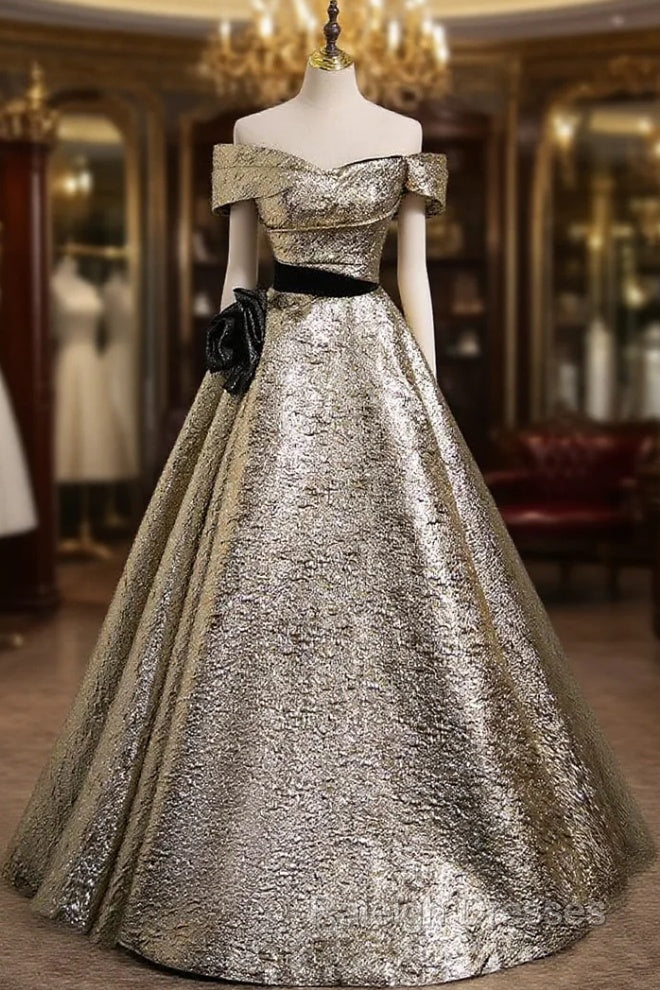 Gold Off the Shoulder Flower Prom Dress