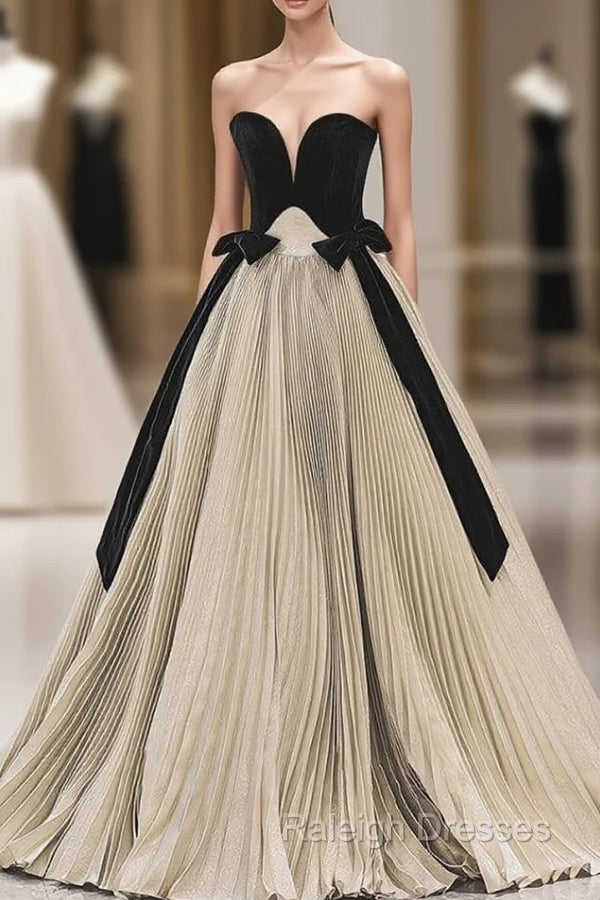 Gold Pleats Strapless Black Velvet Prom Dress Main image