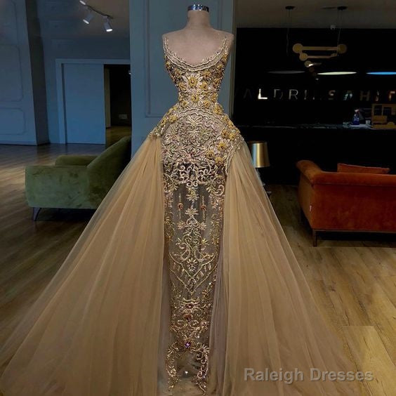 Gold Prom Dresses, Detachable Prom Dress, Sequins Prom Dress, Sheath Evening Dresses Main image