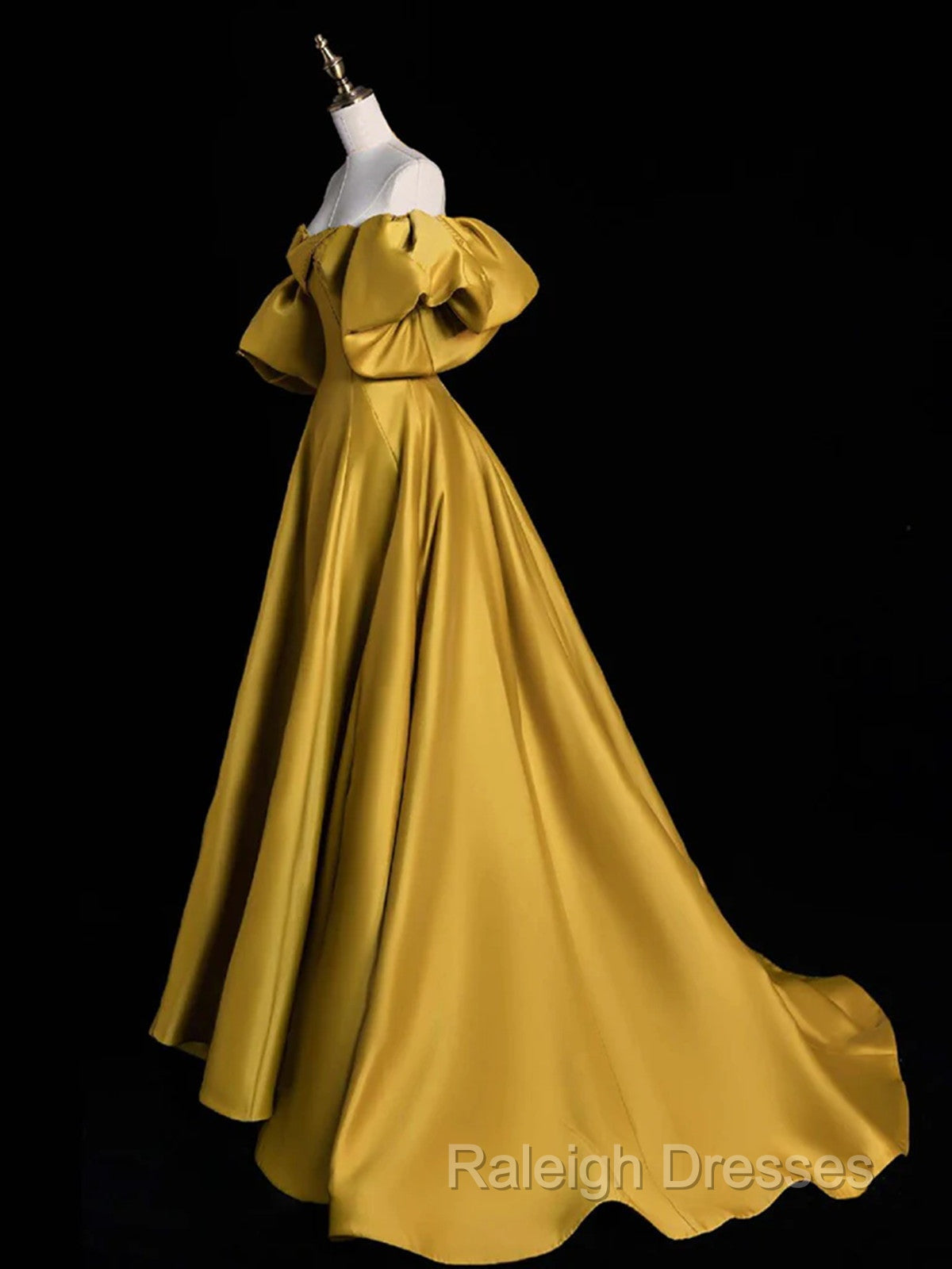 Gold Satin A Line Lace-up Long Prom Dress with Sleeves, Gold Satin Prom Dress