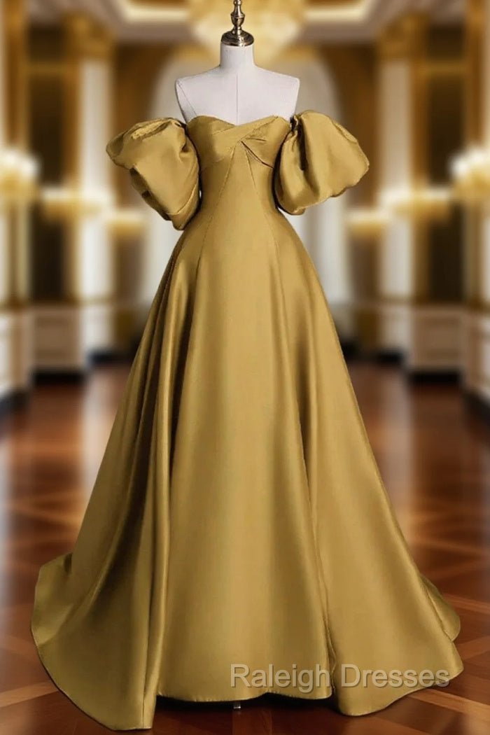 Gold Satin A-line Lace-up Long Party Dress with Sleeves, Gold Satin Prom Dress