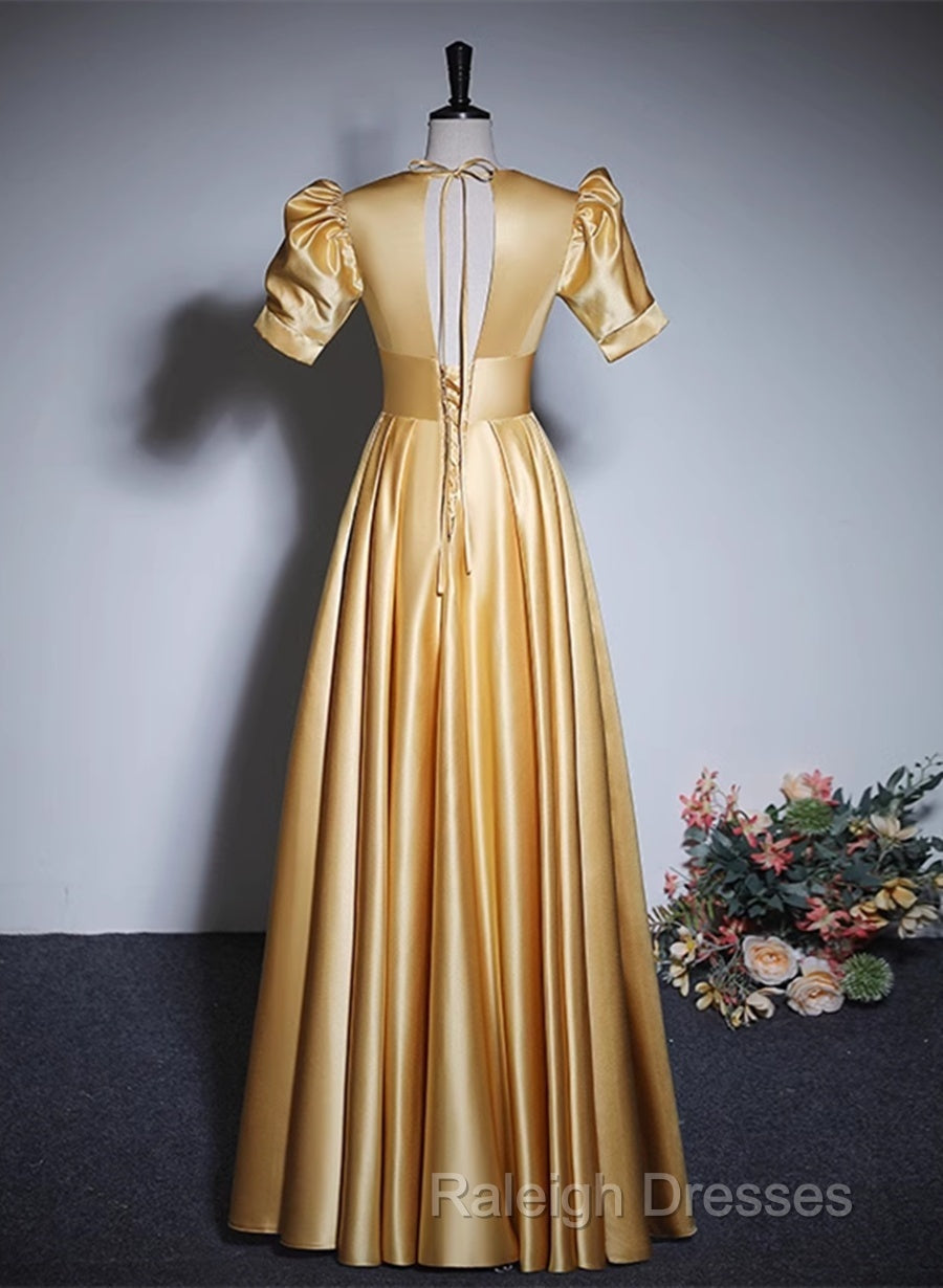 Gold Satin A-Line Short Sleeves Floor Length Prom Dresses Gold Simple Prom Dresses