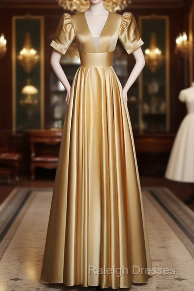 Gold Satin A-Line Short Sleeves Floor Length Party Dress, Gold Simple Formal Dress Main image