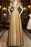 Gold Satin A-Line Short Sleeves Floor Length Party Dress, Gold Simple Formal Dress