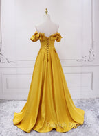 Gold Satin A-line Sweetheart Long Junior Prom Dress, Floor Length Satin Evening Dress