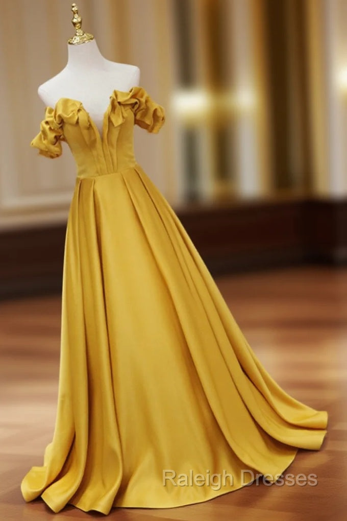 Gold Satin A-line Sweetheart Long Junior Prom Dress, Floor Length Satin Evening Dress
