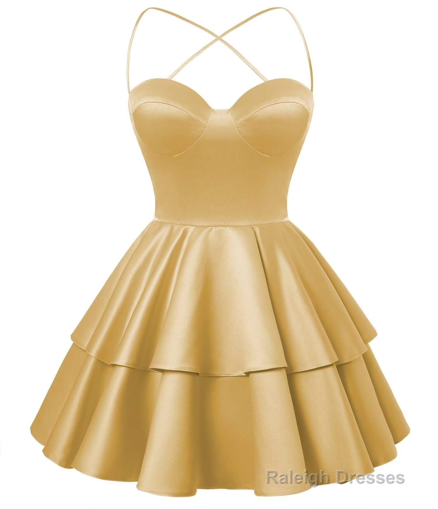 Gold Satin Homecoming Dress Sweetheart Neck Tiered Short Graduation Dresses