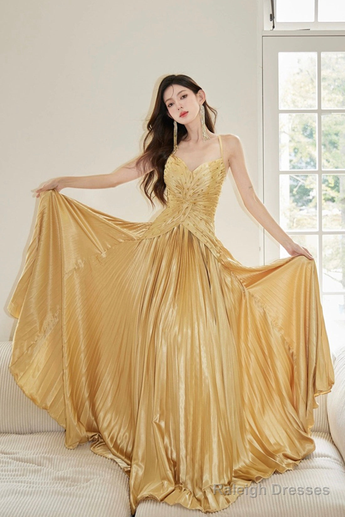 Gold Satin Long Backless Prom Dress, A-Line Spaghetti Strap Evening Party Dress Secondary image