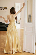 Gold Satin Long Backless Prom Dress, A-Line Spaghetti Strap Evening Party Dress