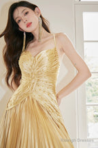 Gold Satin Long Backless Prom Dress, A-Line Spaghetti Strap Evening Party Dress