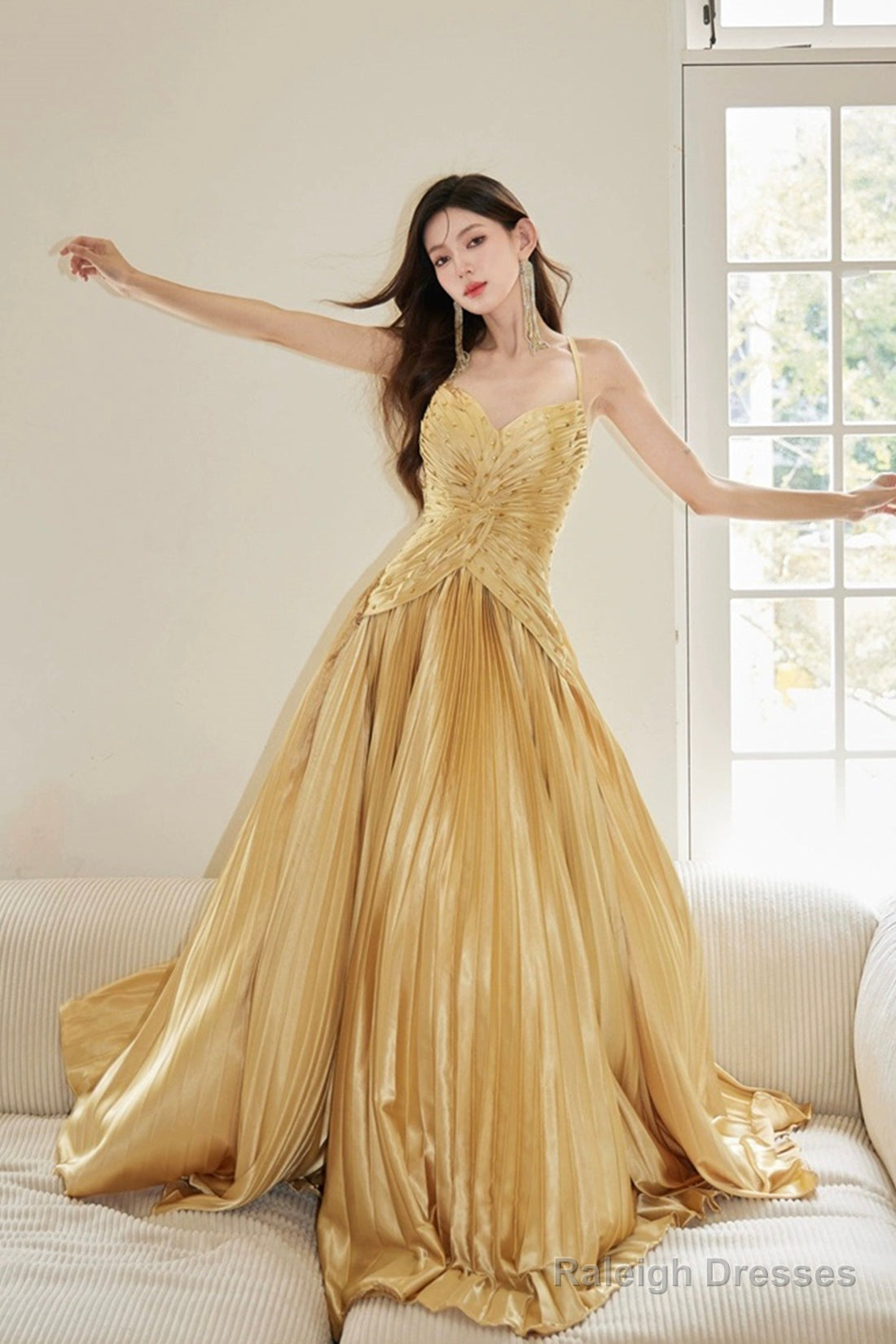 Gold Satin Long Backless Prom Dress, A-Line Spaghetti Strap Evening Party Dress Main image