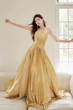 Gold Satin Long Backless Prom Dress, A-Line Spaghetti Strap Evening Party Dress