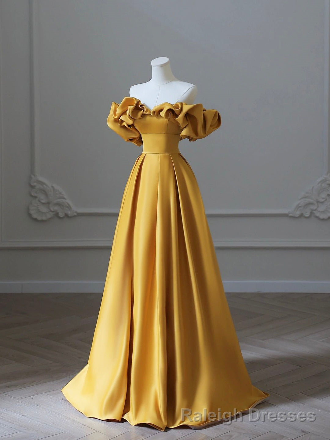 Gold Satin Long Prom Dress, Off Shoulder A-Line Formal Evening Dresses Secondary image