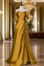 Gold Satin Off Shoulder Long Evening Dress, Gold Satin Prom Dress