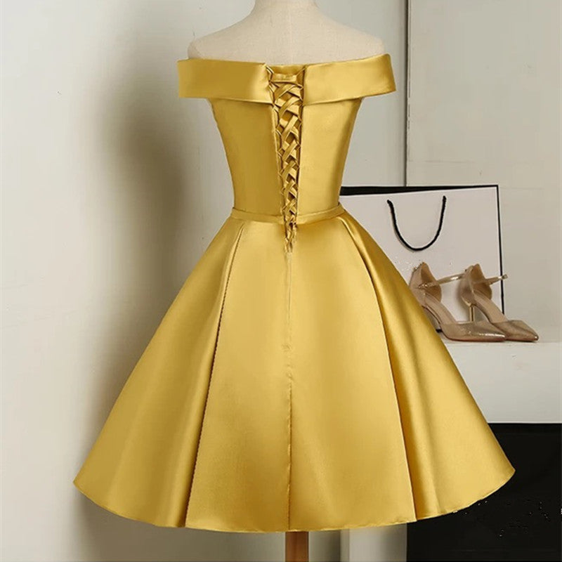 Gold Satin Off Shoulder Short Prom Dresses Lovely Prom Dress