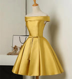 Gold Satin Off Shoulder Short Prom Dresses Lovely Prom Dress