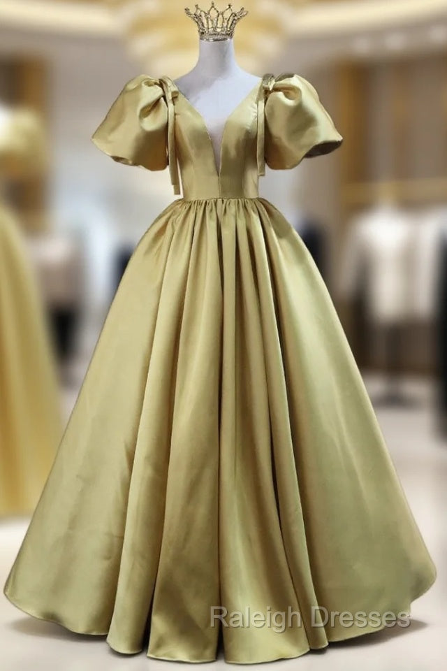 Gold Satin Puff Sleeve V-neck Prom Dress