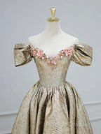 Gold Satin V-Neck Long Prom Dress With Flowers, Off The Shoulder A-Line Formal Dress