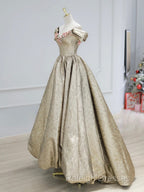 Gold Satin V-Neck Long Prom Dress With Flowers, Off The Shoulder A-Line Formal Dress
