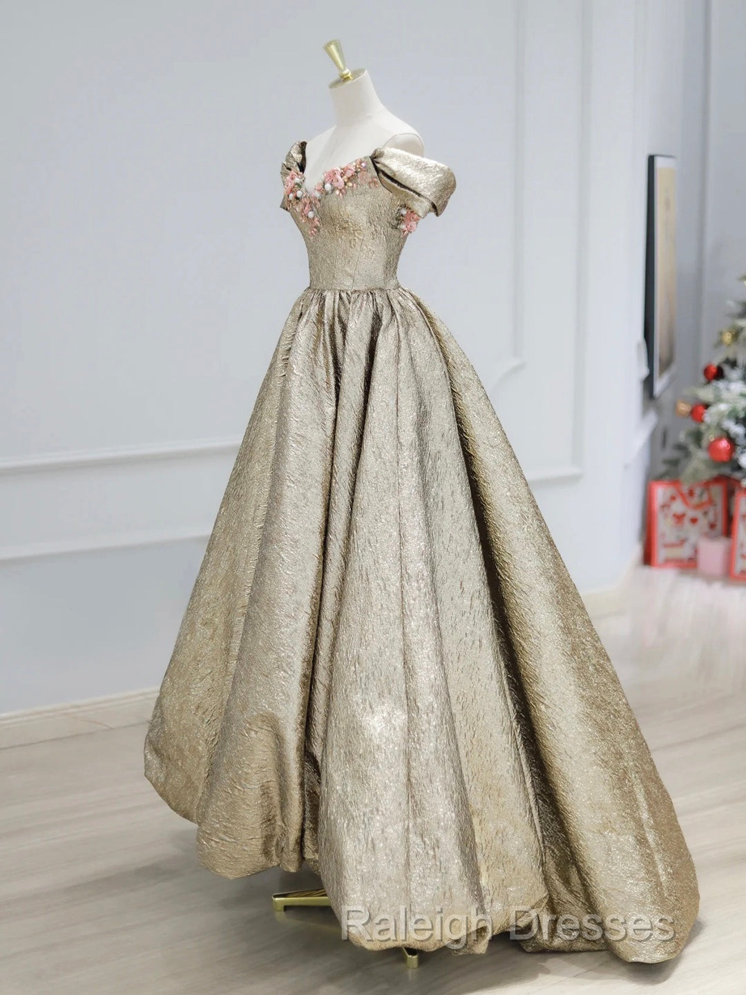 Gold Satin V-Neck Long Prom Dress With Flowers, Off The Shoulder A-Line Formal Dress