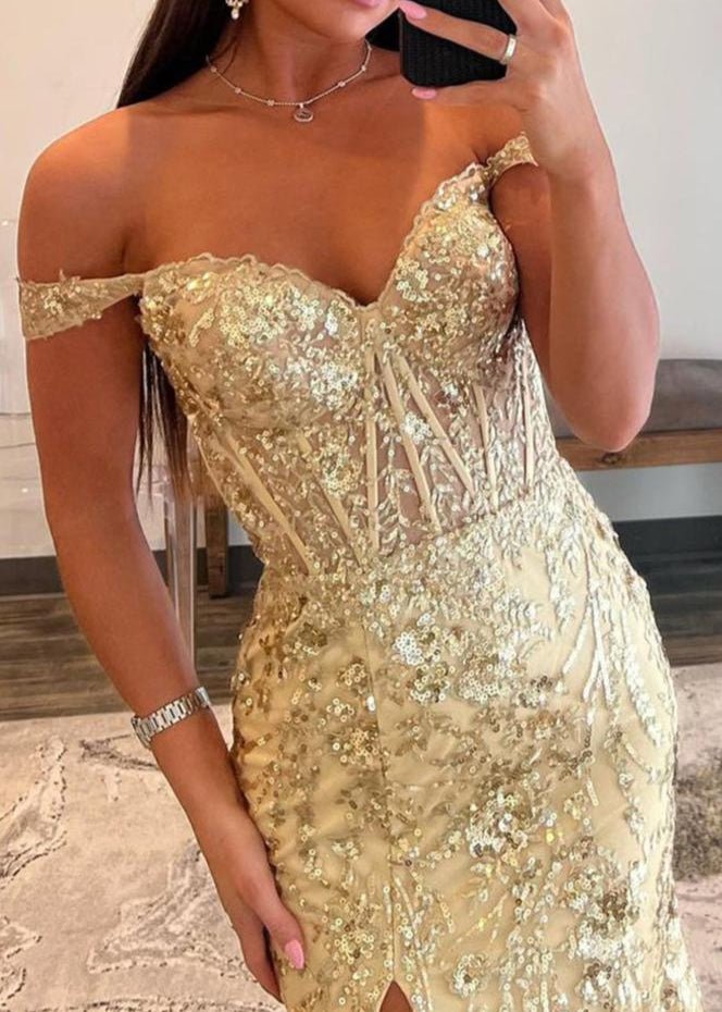Gold Sequin Lace Off the Shoulder Mermaid Prom Dress Secondary image