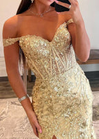 Gold Sequin Lace Off the Shoulder Mermaid Prom Dress