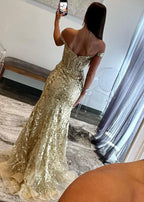 Gold Sequin Lace Off the Shoulder Mermaid Prom Dress