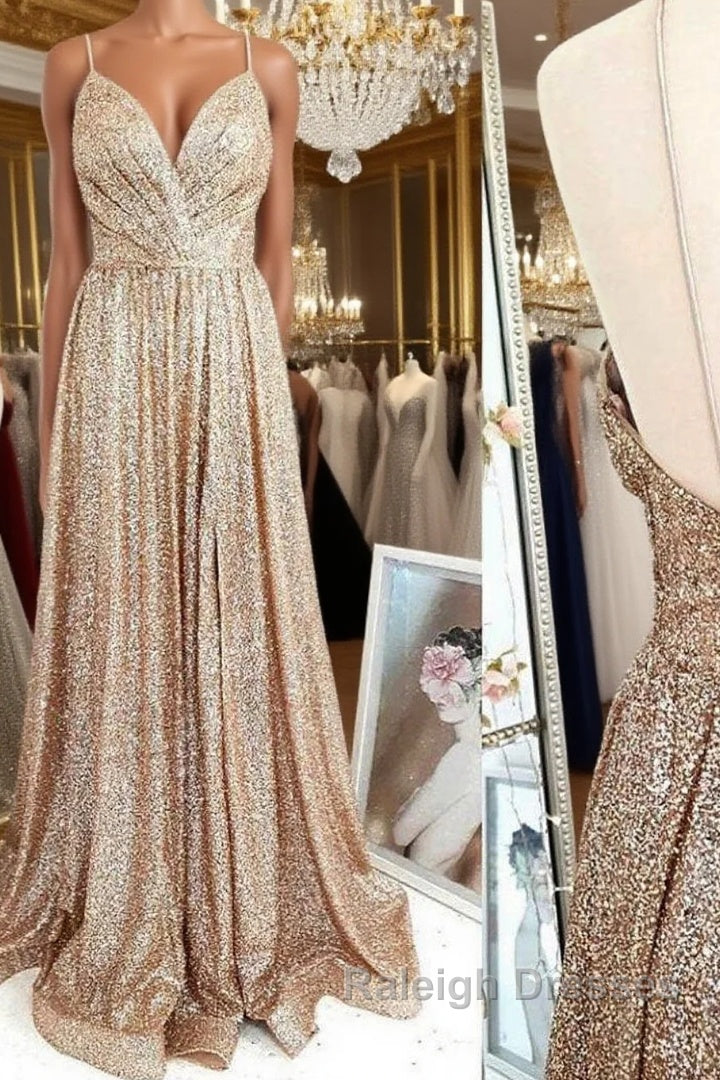 Gold sequin long prom dress gold evening dress