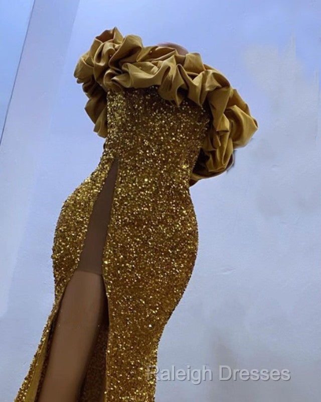 Gold Sequin Mermaid Strapless Split Prom Dresses Secondary image