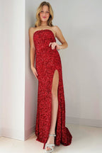 Gold Sequin Strapless Backless Mermaid Prom Dresses Long With Slit