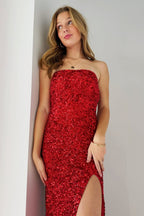 Gold Sequin Strapless Backless Mermaid Prom Dresses Long With Slit