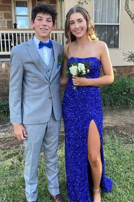 Gold Sequin Strapless Backless Mermaid Prom Dresses Long With Slit