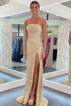 Gold Sequin Strapless Backless Mermaid Prom Dresses Long With Slit