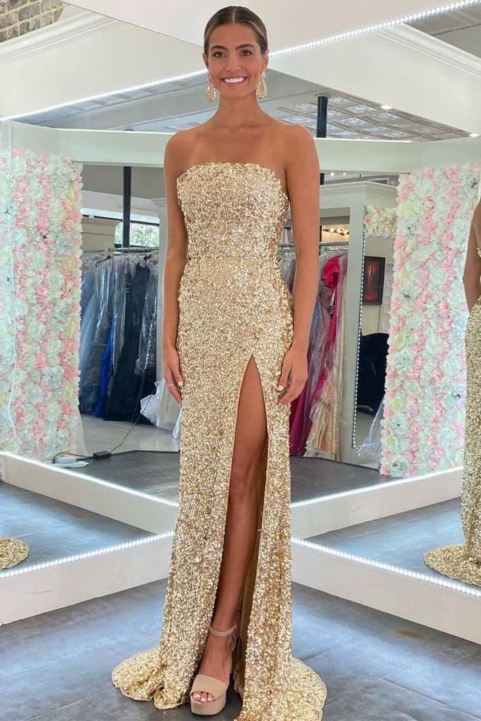 Gold Sequin Strapless Backless Mermaid Prom Dresses Long With Slit