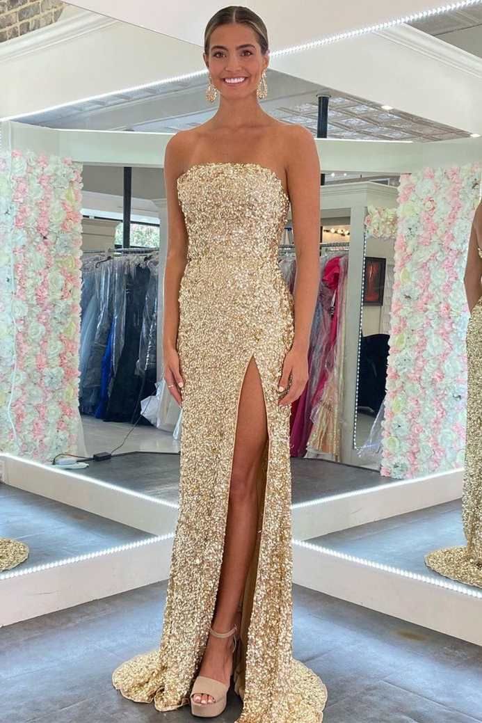 Gold Sequin Strapless Backless Mermaid Prom Dresses Secondary image