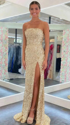 Gold Sequin Strapless Backless Mermaid Prom Dress