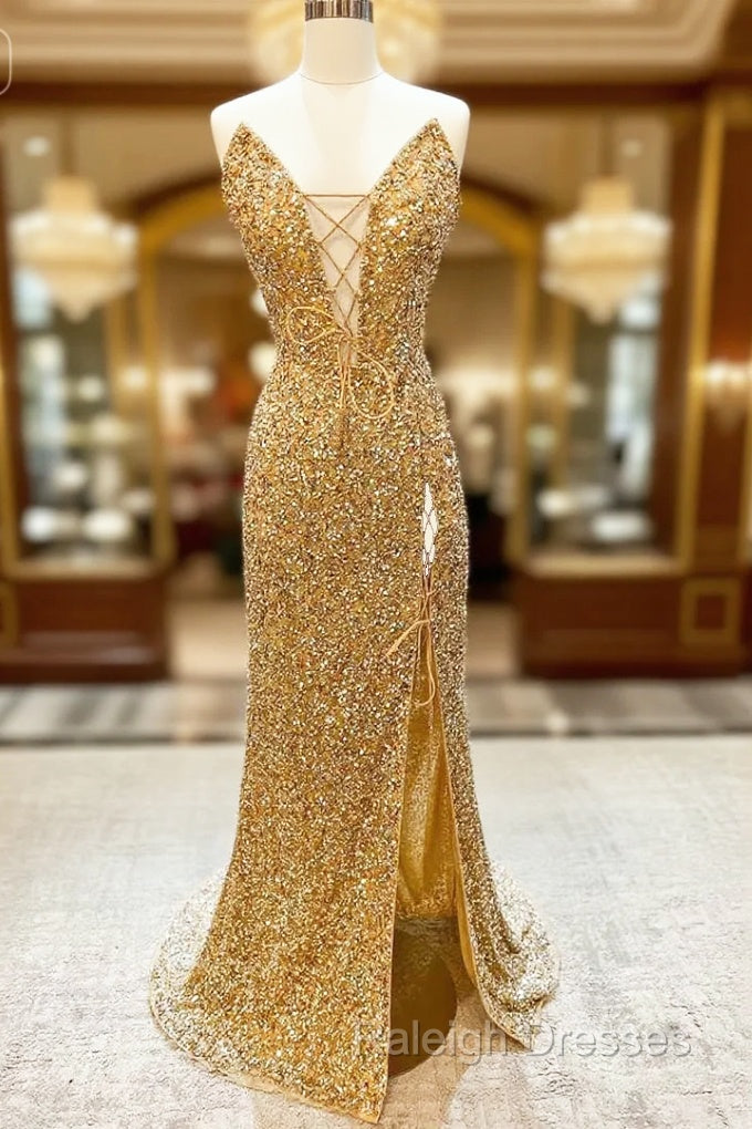 Gold Sequin Strapless Lace-Up Front Long Prom Dress with Slit Main image